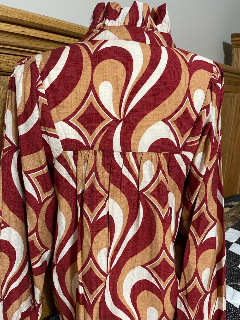 Jodifl Red and Cream Patterned Ruffle-Neck Blouse - Picture 4 of 9
